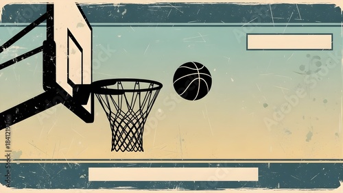Retro style illustration of a basketball hoop and a ball in mid-air on a court with distressed textures.
