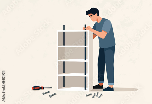 A man assembles a shelf, screwdriver and screws on the floor. Flat illustration with beige background