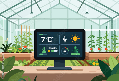 A smart greenhouse with a monitor displaying temperature, humidity, and other data, surrounded by growing plants