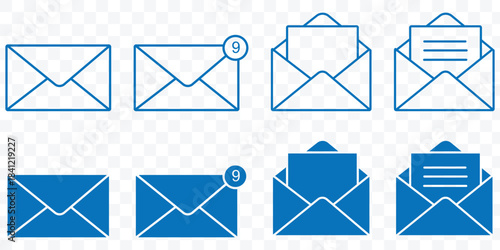 Mail, e-mail, envelope, E-mail icon set. Contains new message, all newsletter, sent, open, write, reply, delete, favorite, send, mailbox, draft, response, chat, spam, post, receive, inbox. Vector icon