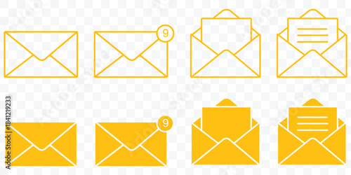 Email message vector icon collection. Collection of email icons in a distinctive silhouette style. Mail and communication icon set. Mail Icon Set Email, Envelope, Message, Inbox, Send, Receive Symbol