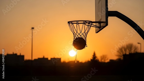 Basketball going through the net during a beautiful sunset with silhouettes of the city in the background.