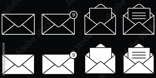 Email message vector icon collection. Collection of email icons in a distinctive silhouette style. Mail and communication icon set. Mail Icon Set Email, Envelope, Message, Inbox, Send, Receive Symbol