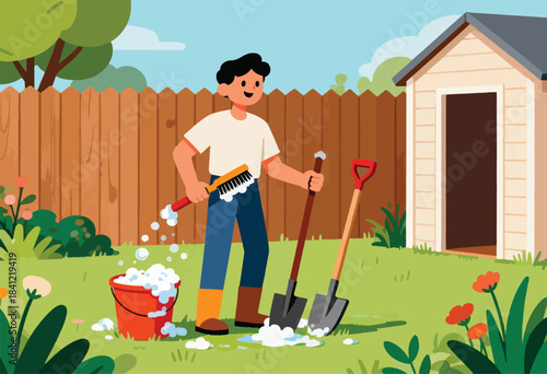 A person in a garden with tools and a shed, cleaning with soap. Bright and cheerful illustration