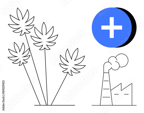 Environmental concept. Cannabis plants, factory with emissions, and blue medical symbol ed as key elements. Environmental issues, industrial pollution, and eco-solutions. For healthcare