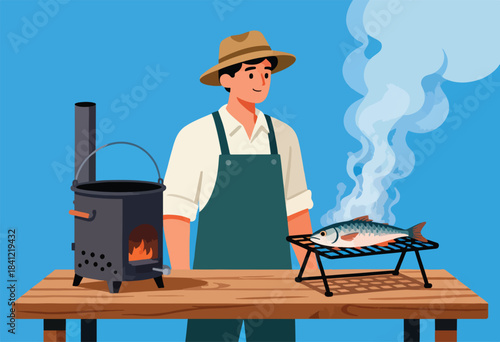A person in a hat and apron grills fish on a small black rack with smoke billowing up. A stove is nearby