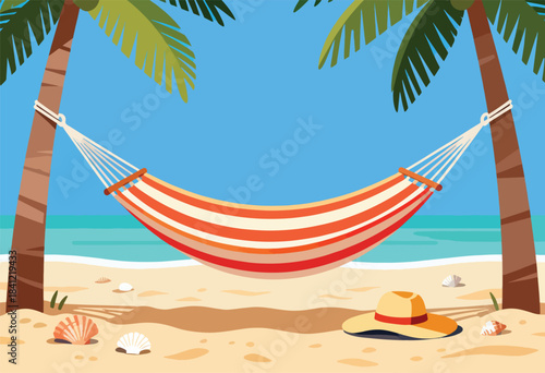 Tropical beach scene with palm trees framing a hammock and ocean, with shells and a hat on the sand