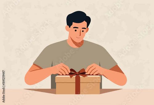 A man in a simple tee unfastens a gift box with a bow.  The scene's background is textured off-white