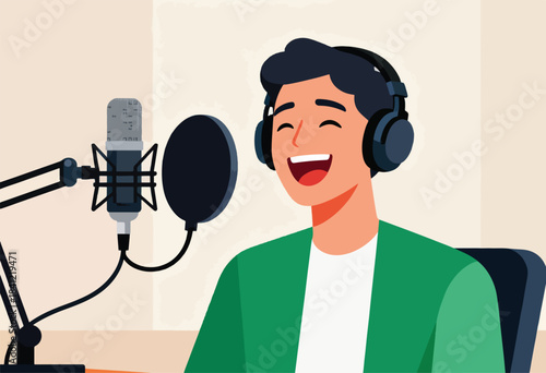 Cartoon illustration of a man with headphones, smiling, speaking into a microphone with pop filter