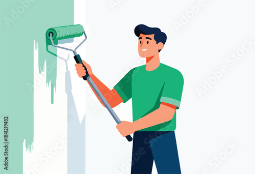 A smiling man in green paints a wall with a roller, creating a stylized home renovation scene