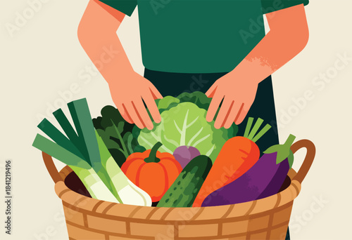 Illustration of a person's hands over a basket overflowing with fresh vegetables like leeks, a pumpkin, and lettuce