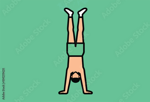 Simple illustration depicts a person doing a handstand on a green background. The figure has black outlines