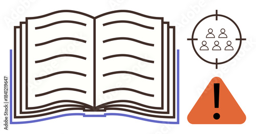 Open book with text lines, focus target with people icons, and triangular warning sign symbolizing learning, audience targeting, caution in communication, and critical decision-making. Ideal