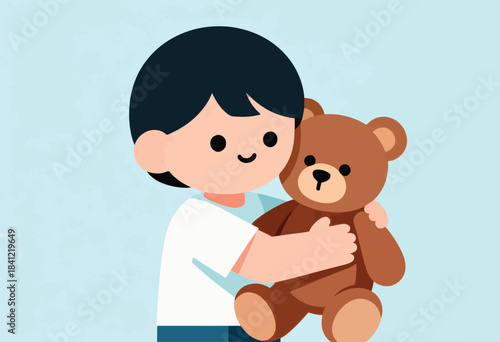 A cheerful illustration of a child hugging a teddy bear. The background is a soft blue