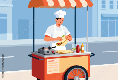 A street food vendor in a chef's hat prepares a wrap on a cart with a striped awning, city backdrop