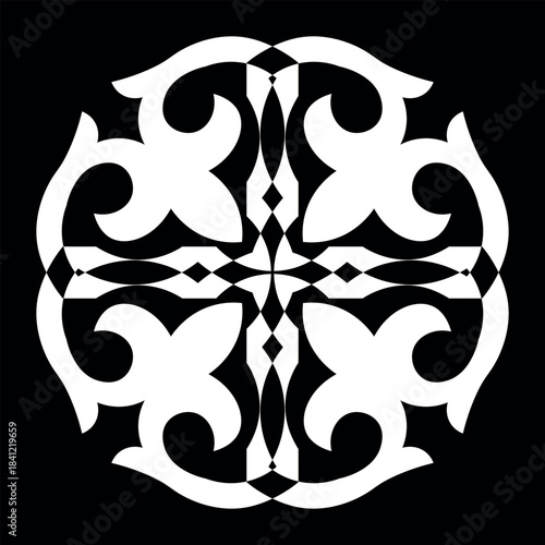 Round frame with ethnic motif. Round persian motif. Abstract Pattern of Turkic peoples, Kazakh, Kyrgyz, Mongol. Islam, Arabic, Indian, ottoman motif. Stencil for textiles, plate, embroidery