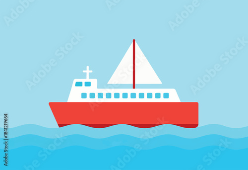 A cartoon sailboat in red and white colors, on the water, with blue sky. Simple, clear design