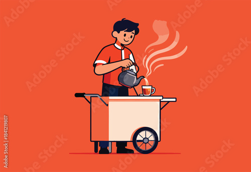 A cartoon illustration depicts a vendor pouring tea from a teapot into a cup on a cart against a red backdrop