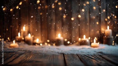 Warm Christmas background with glowing candles on snowy wooden floor, string fairy lights and falling snowflakes