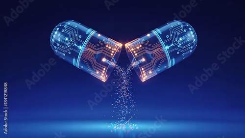 Futuristic digital capsule with glowing circuitry releasing particles, symbolizing advanced medicine, biotechnology, and AI-driven pharmaceuticals