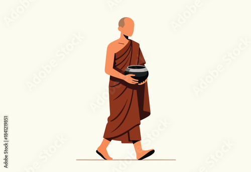 A minimalist illustration depicts a walking Buddhist monk in brown robes holding a begging bowl
