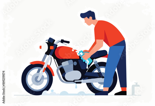 An illustration shows a man washing a red and black motorcycle with a sponge and soapy water, on a white background