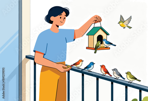 A person on a balcony is feeding colorful birds seeds and bird food, with a birdhouse nearby
