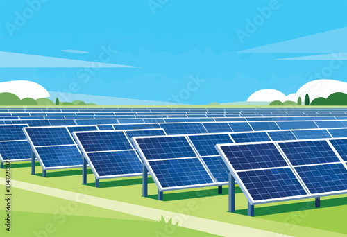 A graphic depiction of a solar farm. Panels are arrayed in rows on a green field under a blue sky
