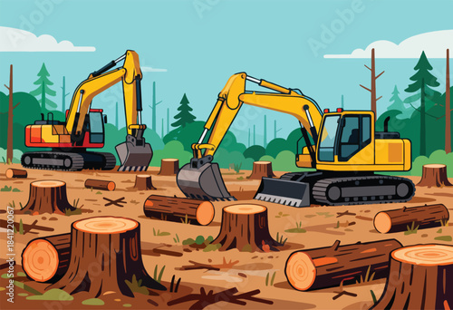 Two excavators are in a forest, cutting down trees for timber. Logs and stumps lay across a field