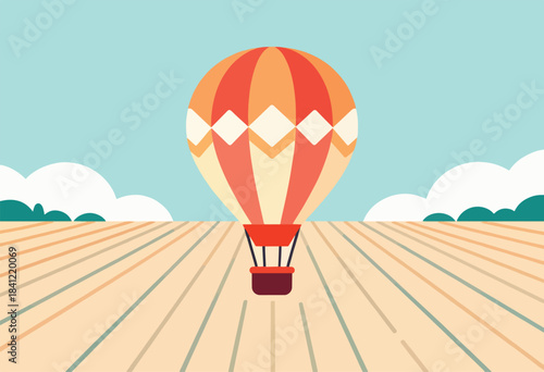 A colorful hot air balloon ascends above a field of parallel lines with stylized clouds and blue sky