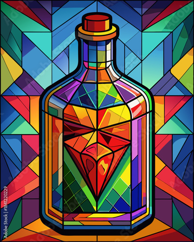 Bottle real, Stained Glass Style , rainbow color