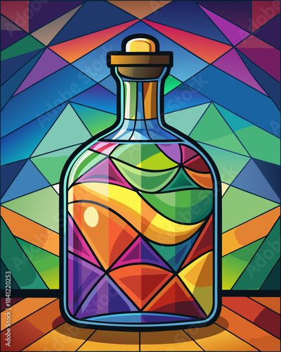 Bottle real, Stained Glass Style , rainbow color