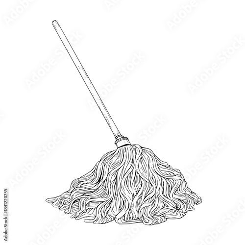 Mop with Long Handle and String Head on White Background