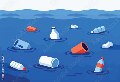 A graphic showing various plastic waste, like bottles, floating in an ocean, with minimalist blue design