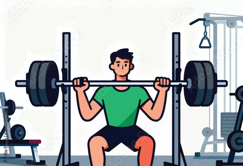Cartoon man doing a barbell squat in a gym, surrounded by fitness equipment, outlined design
