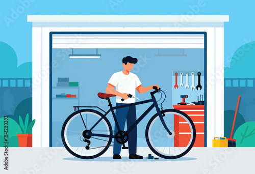 A man in a garage repairs his bicycle. Tools and a toolbox are nearby, with plants outside
