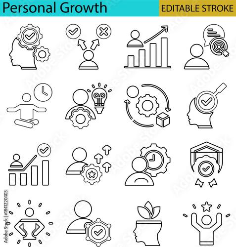 Personal growth and development outline icons set