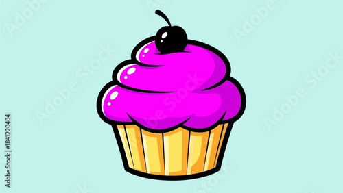 Cartoon Cupcake with Pink Frosting and Cherry Topping Illustration.