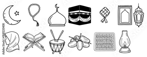 Collection of hand drawn islamic icons for ramadan and eid featuring mosque kaaba and traditional symbols