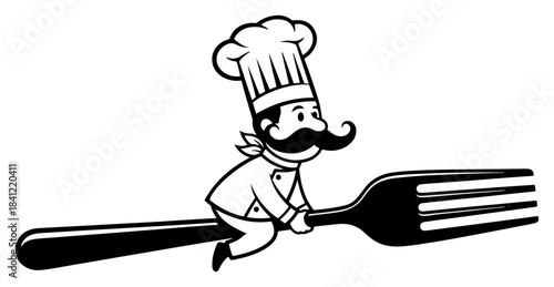 Funny cartoon chef character riding a giant flying fork vector illustration for restaurant logo