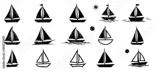 Set of hand drawn sailboat icons and nautical ship doodles in black vector style