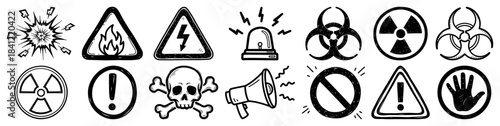 Hand drawn danger and warning icon set with biohazard radiation and safety symbols