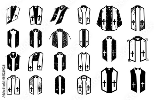 Collection of christian priest stole vestments with cross symbols in hand drawn style