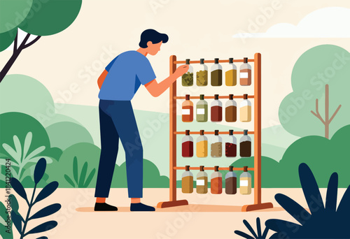 A man in blue examines a rack of bottled liquids in a serene outdoor setting with plants and greenery