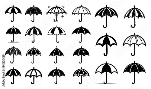 Collection of hand drawn umbrella icons and rain protection symbols in black sketch style