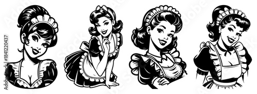 Retro style maid character illustrations featuring smiling women in classic housekeeper uniforms
