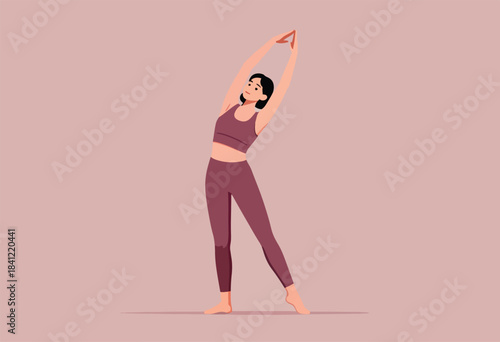 A woman in athletic wear practices stretching. Hands are clasped overhead in a minimalistic pose. Against a soft backdrop