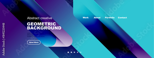 Modern website header design. Vibrant blue purple gradients, geometric shapes, text overlays, navigation menu present. Simple, clean aesthetic.