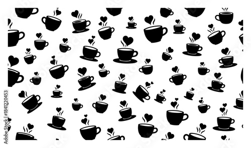 Seamless vector pattern with black coffee cup silhouettes and hearts monochrome background texture