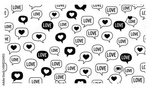 Seamless pattern with love speech bubbles and hearts black and white vector background with chat icons